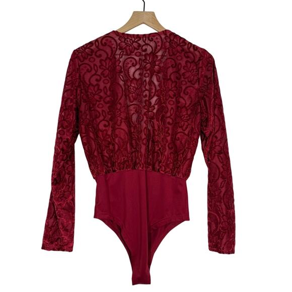 Velvet Burnout Bodysuit M Red Floral Lace Plunge V-Neck Long Sleeve Whimsygoth - Picture 2 of 9